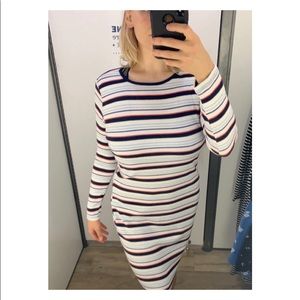 Slim Form Fitting Dress Multi Stripes Long Sleeves
